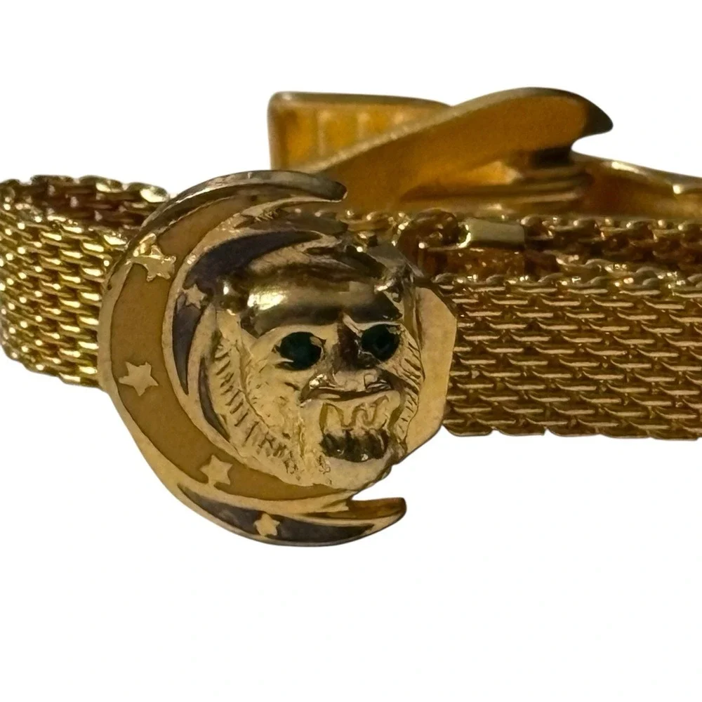 VTG Lion Moon Tie Clip Bar Mesh Wrap Around Celestial Gold Tone Green‎ Eyes MCM